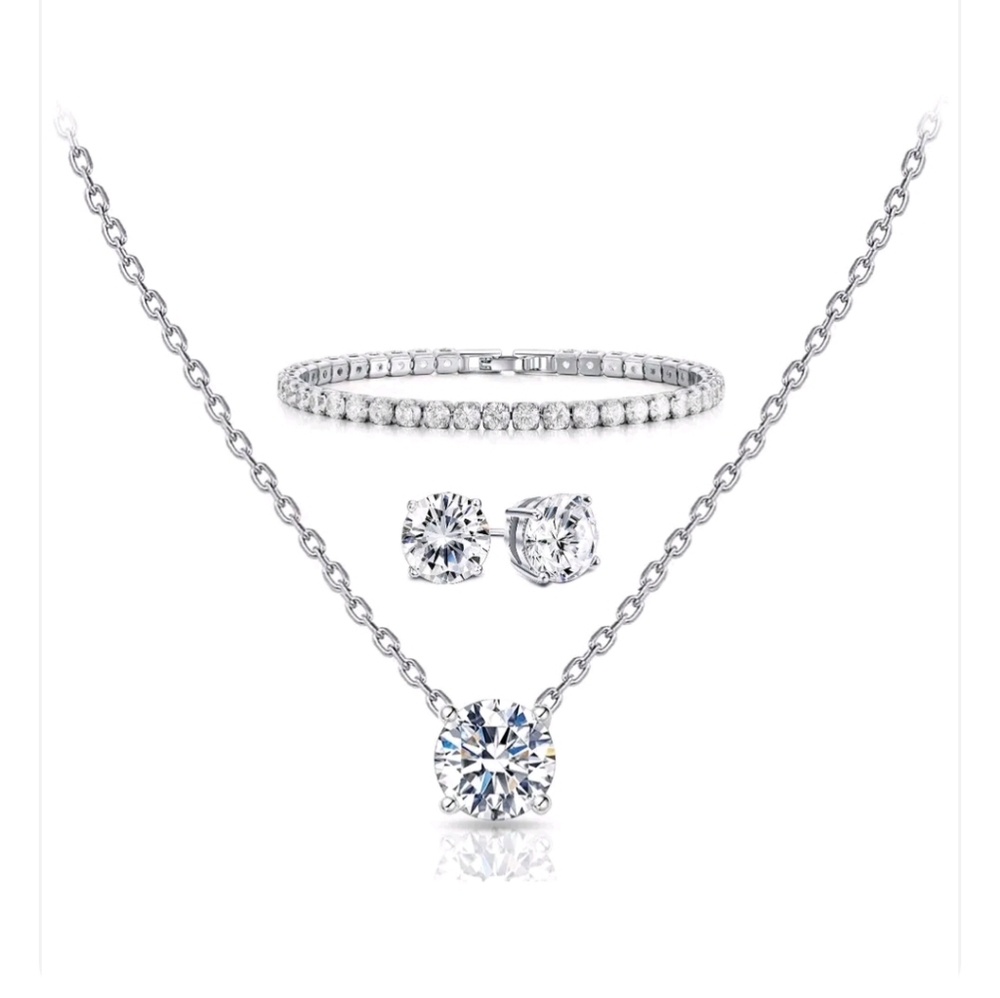 3 PC SET ROUND CUT PENDANT NECLACE W/ TENNIS BRACELET STUDS EARRINGS SET diamond